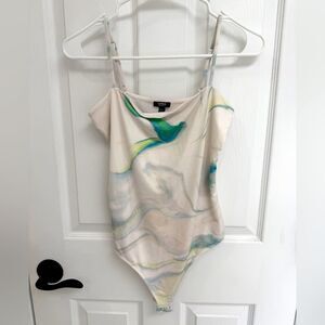 Express White Abstract Body Contour Bodysuit Straight Neck Spaghetti Strap Small